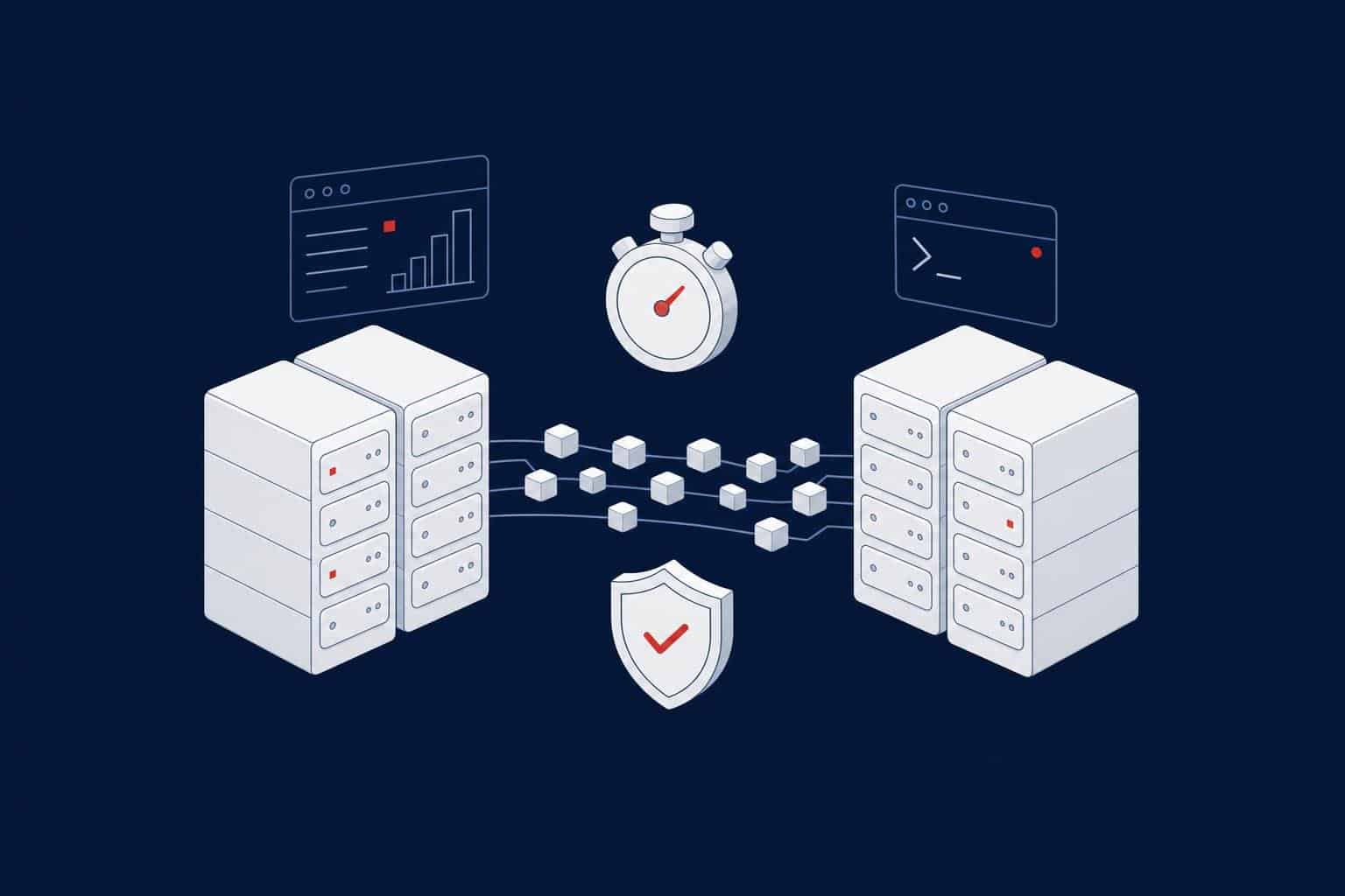 Two groups of servers linked by a stream of data blocks, with a stopwatch and a shield, representing a SQL Server migration with minimal downtime