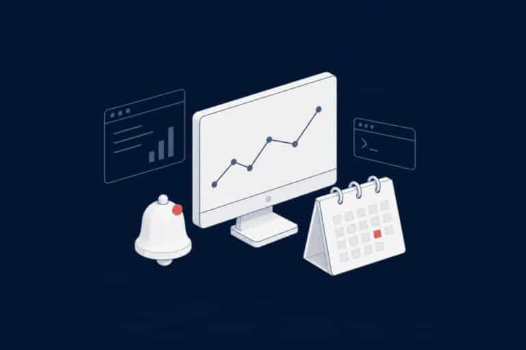 Monitor with a chart, an alert bell and a calendar, representing SQL Server monitoring routines