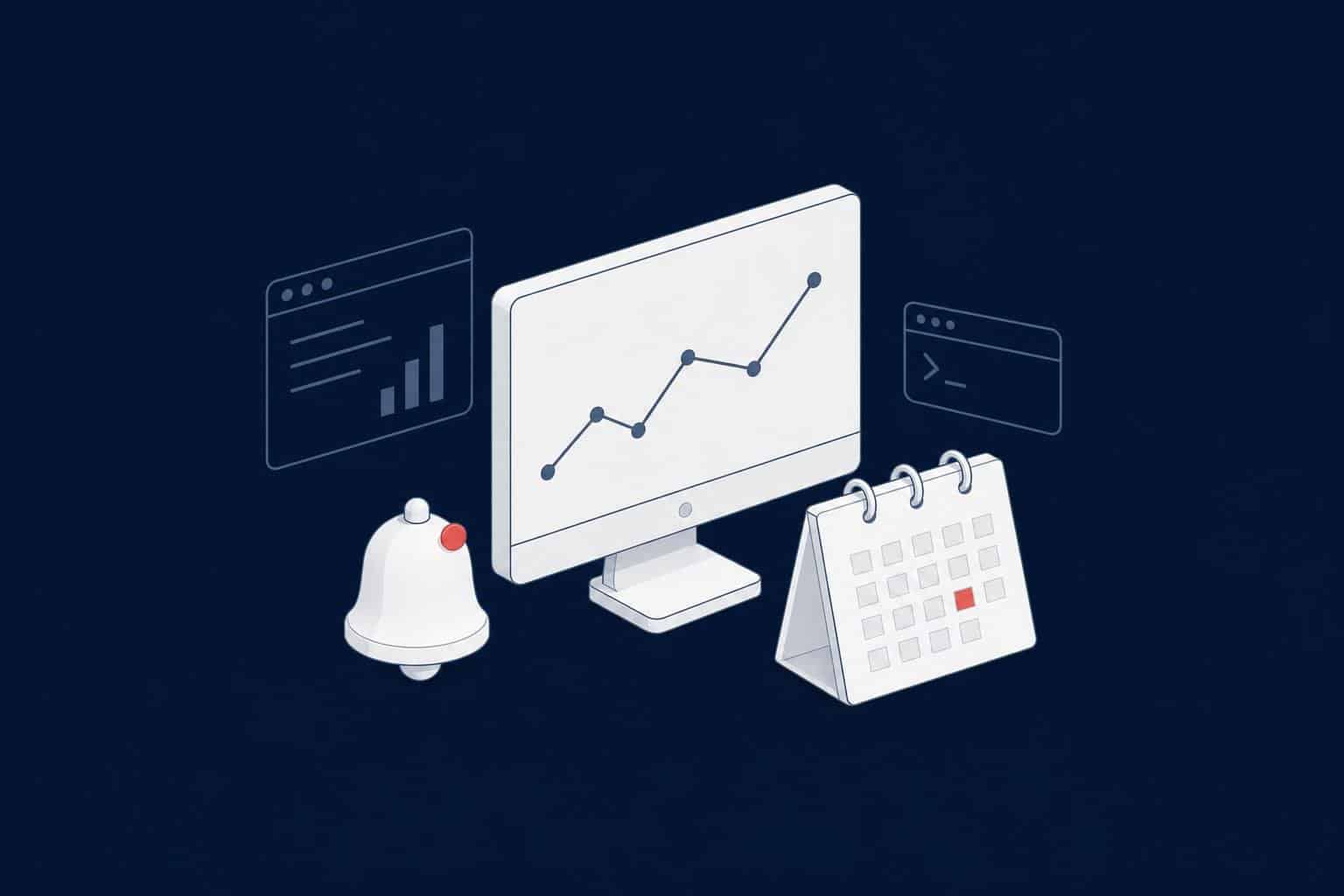 Monitor with a chart, an alert bell and a calendar, representing SQL Server monitoring routines