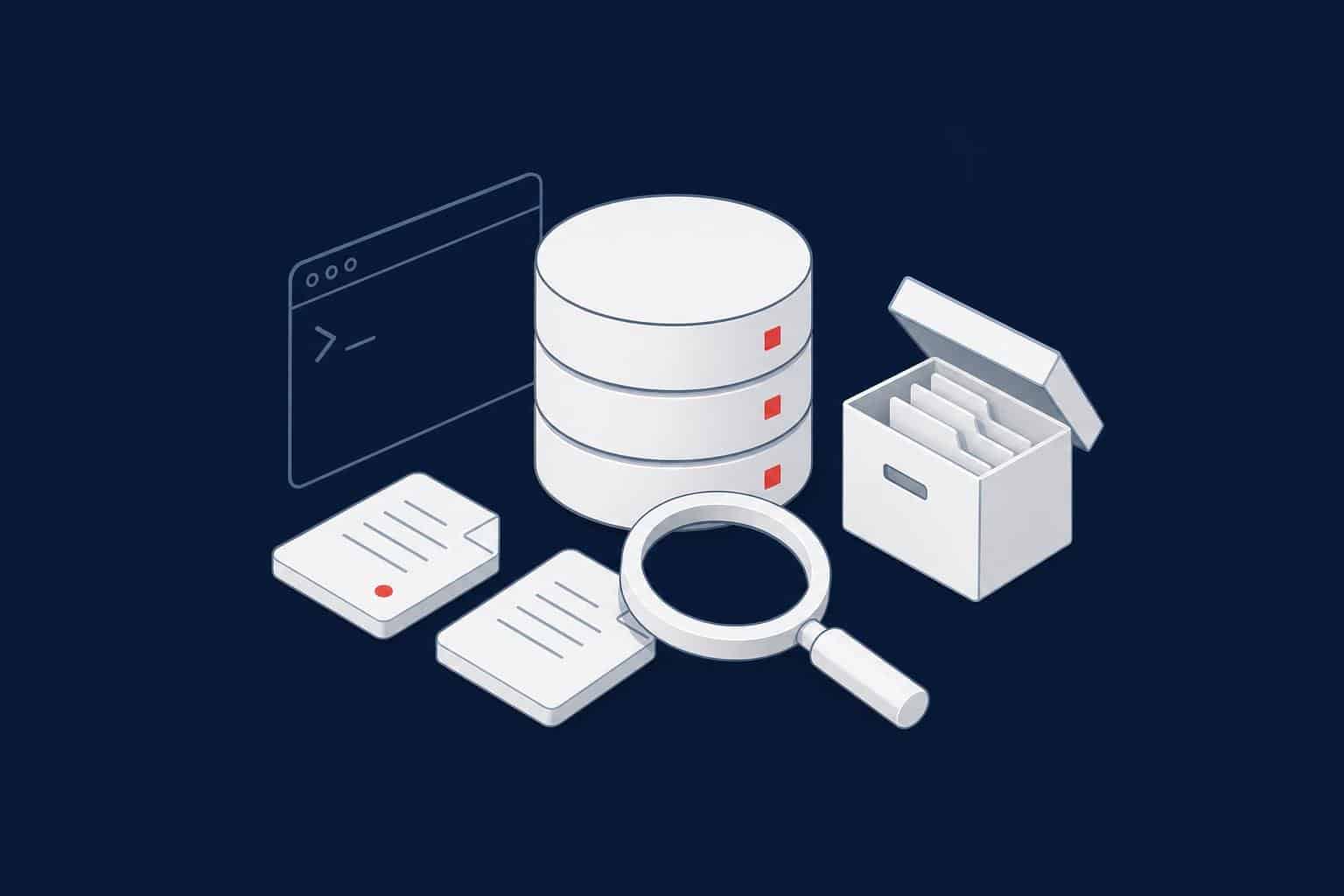 Database with loose detached files, a magnifying glass and an archive box representing orphaned SQL Server data files