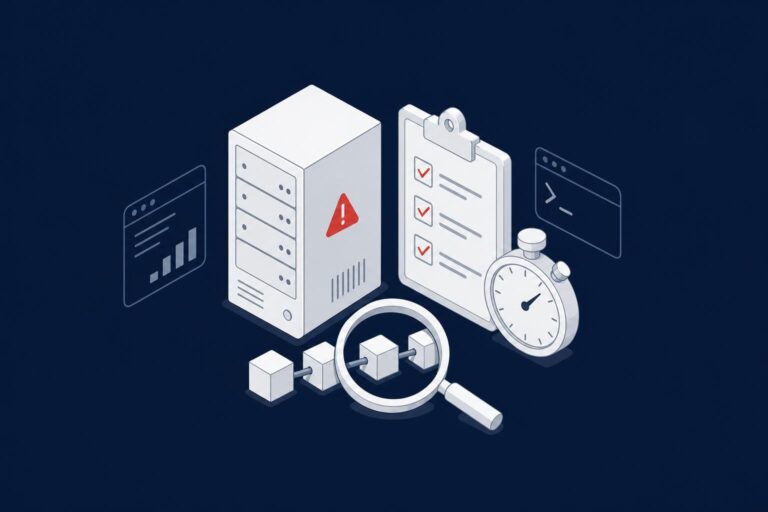 SQL Server outage runbook: checklist, stopwatch and blocking chain investigation next to a server with a warning