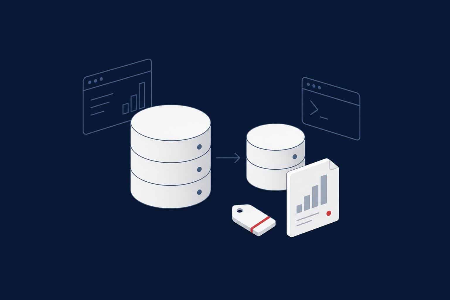 Primary database copying data to a smaller reporting database with a report sheet and a price tag