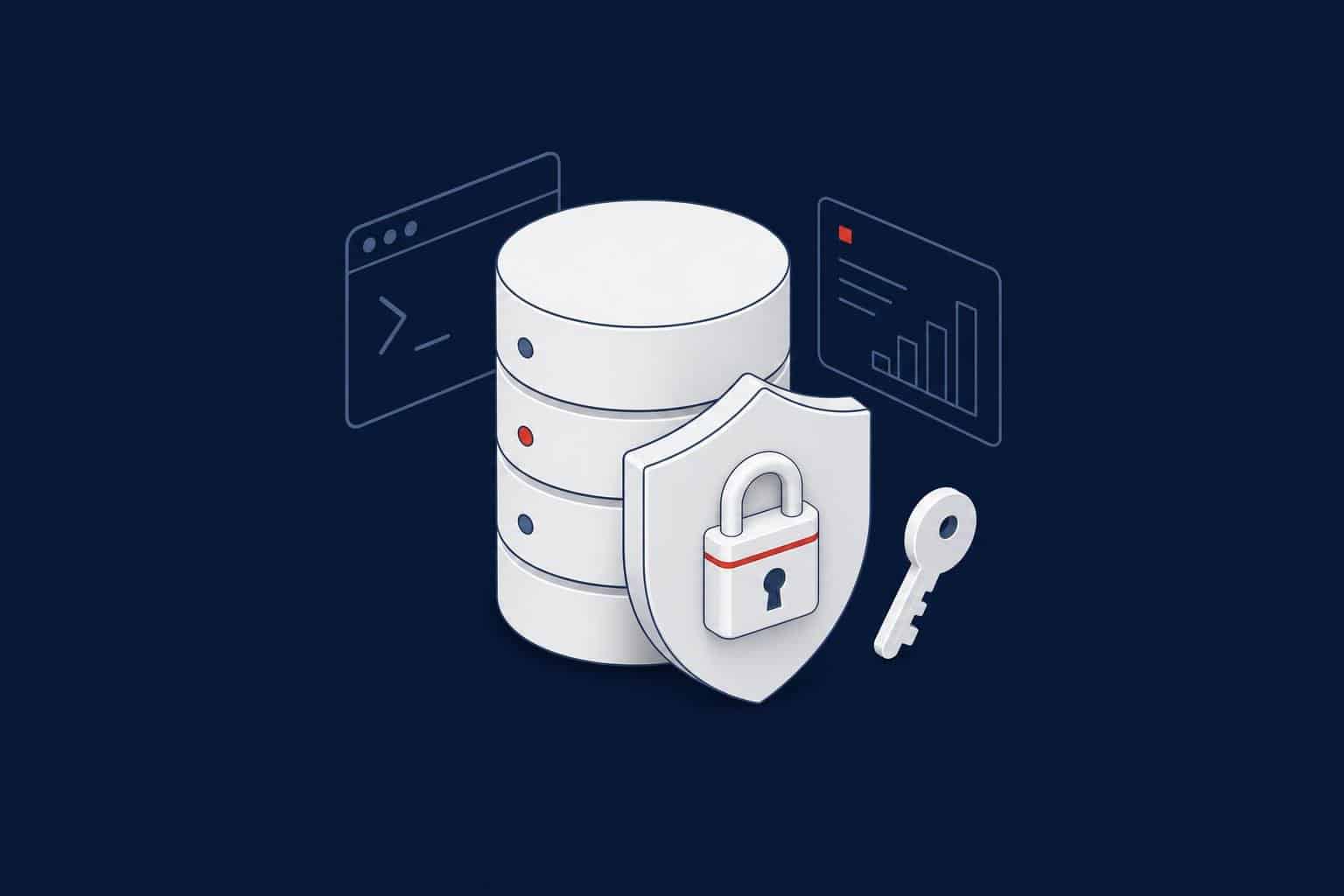 SQL Server database with a shield, padlock and key representing security hardening