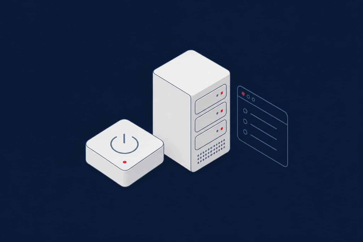 Power button and server with a settings window, representing SQL Server startup parameters