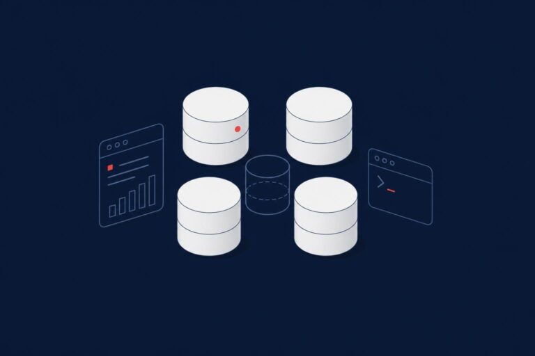 Four database cylinders around a hidden one, representing SQL Server system databases