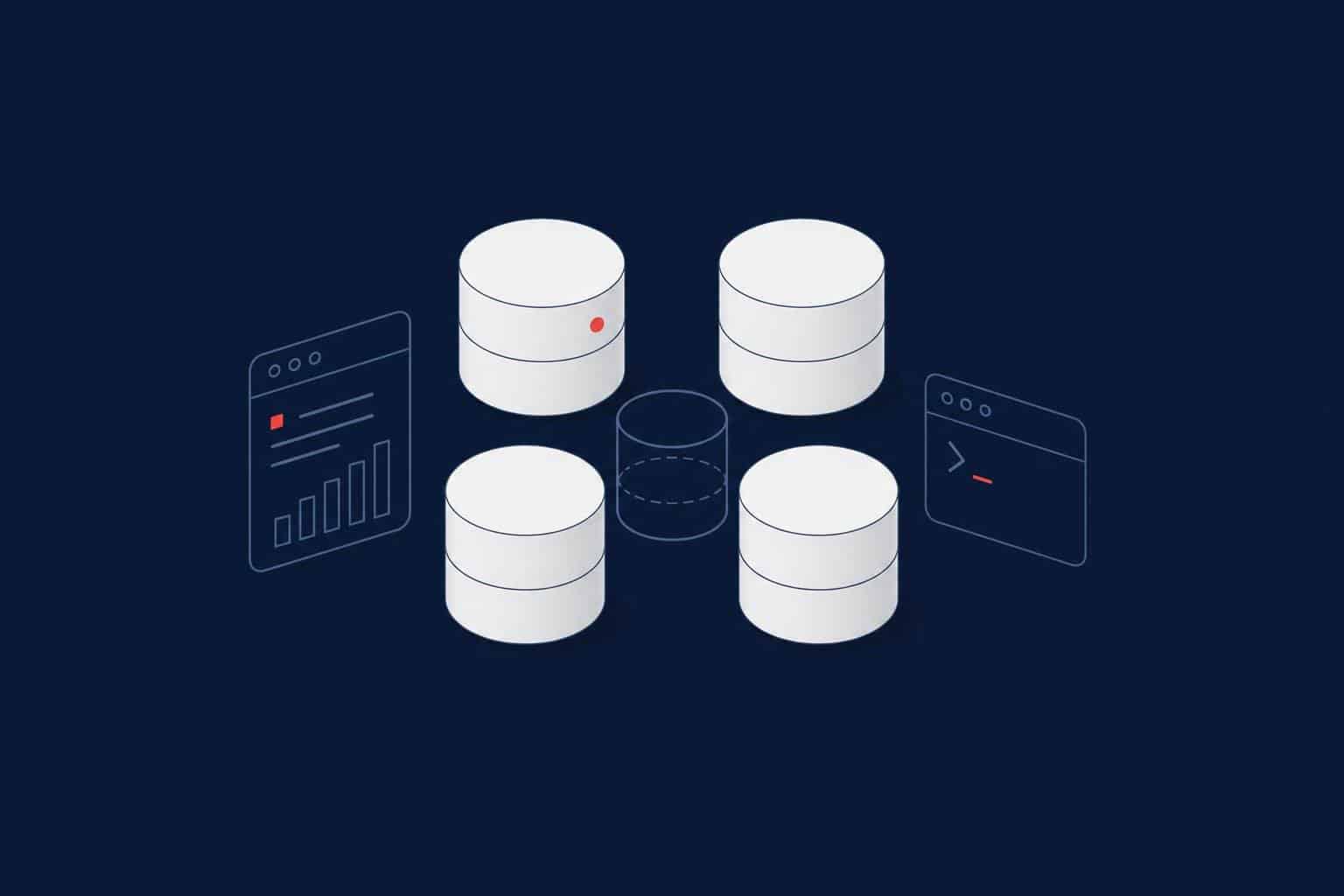 Four database cylinders around a hidden one, representing SQL Server system databases