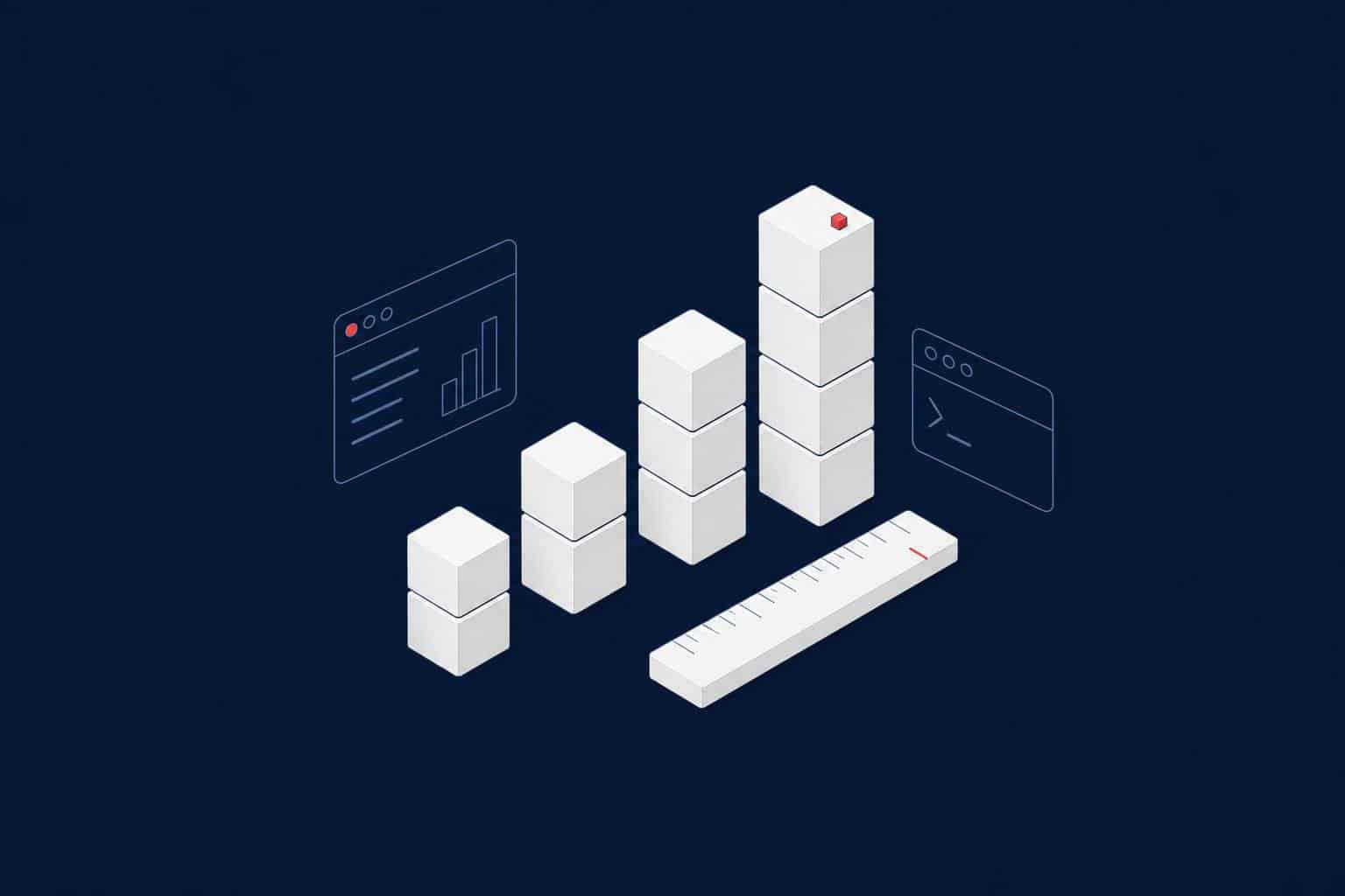 Block columns of different heights with a ruler, representing measuring table sizes in SQL Server