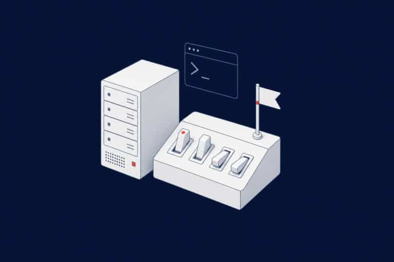 SQL Server trace flags: a server next to a control panel of on and off switches with a small flag