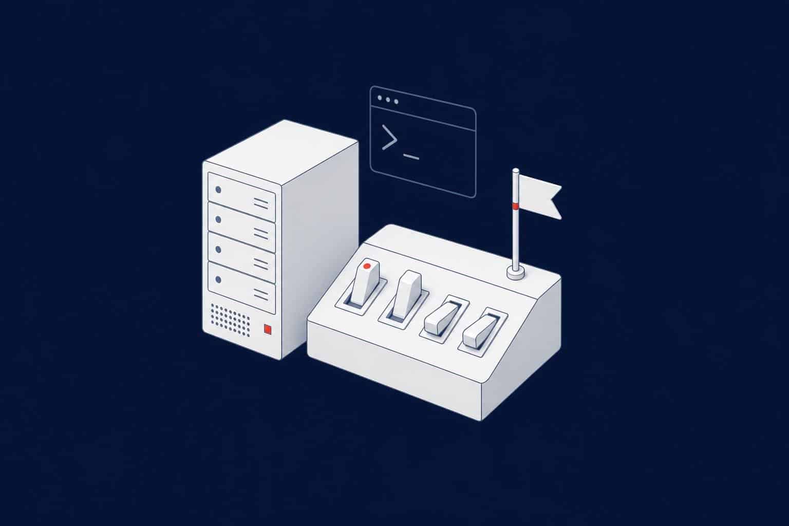 SQL Server trace flags: a server next to a control panel of on and off switches with a small flag