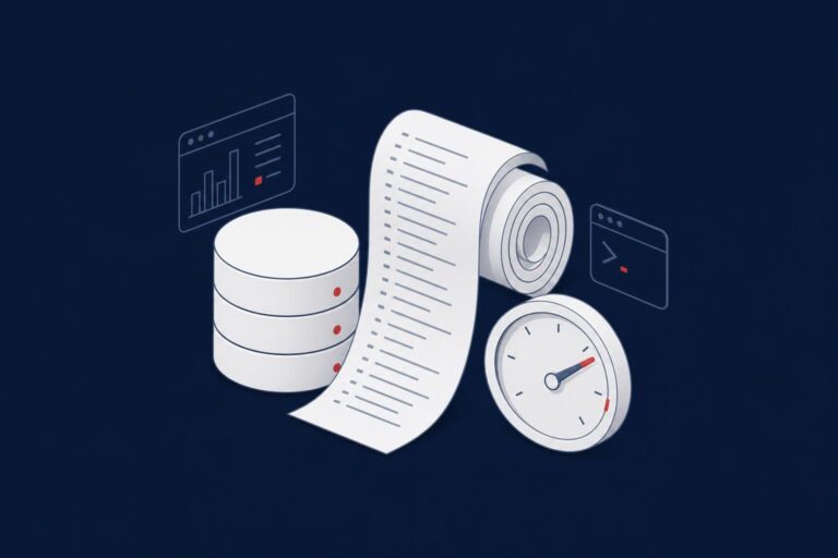 Oversized SQL Server transaction log made of many virtual log files overflowing next to a small database, with a warning gauge