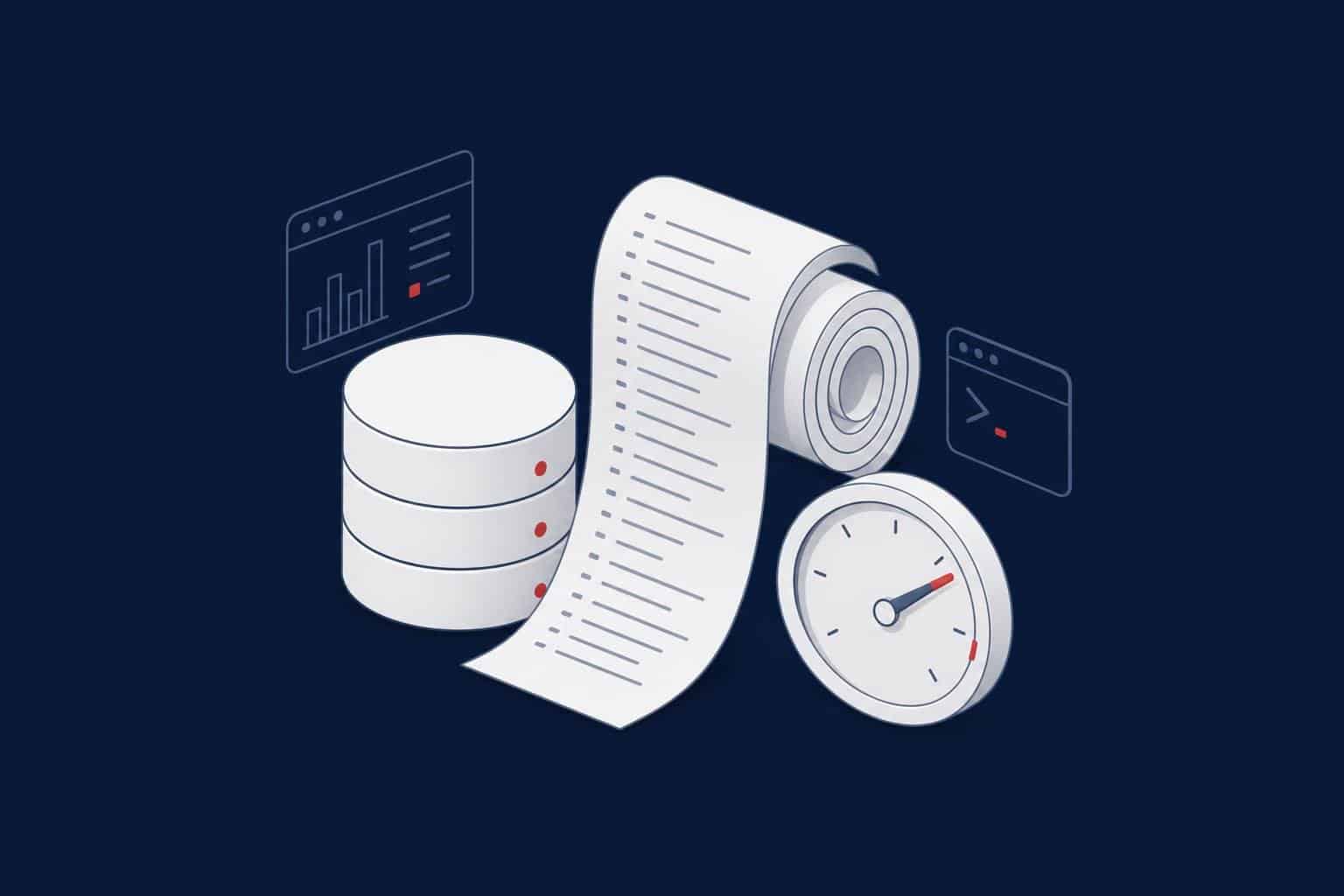 Oversized SQL Server transaction log made of many virtual log files overflowing next to a small database, with a warning gauge
