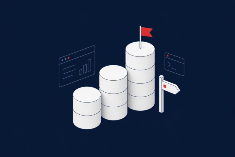 Three database cylinders of increasing height with a signpost, representing choosing a SQL Server version and edition