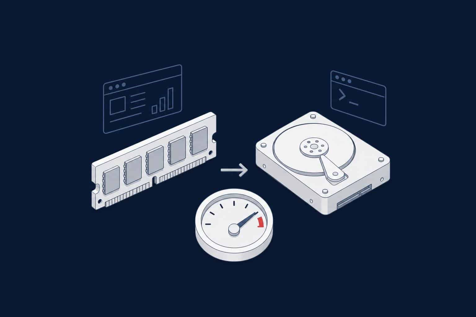 Memory module, disk and gauge, representing Windows page file sizing for SQL Server