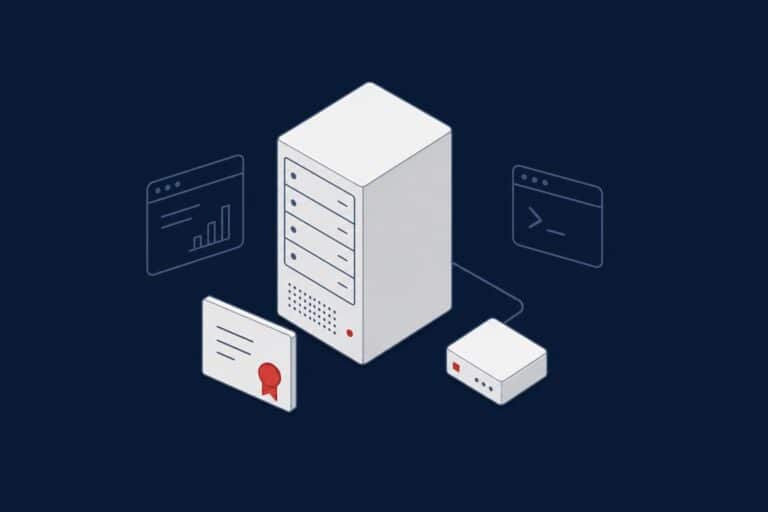 Standalone server not connected to a directory, with a certificate card, representing SQL Server without Active Directory