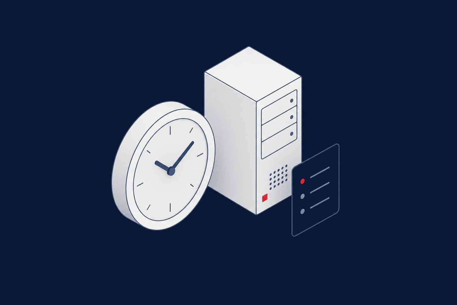 Clock, server and a task list, representing Windows Task Scheduler jobs affecting SQL Server