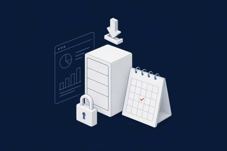 Server with a download arrow, a maintenance calendar and a padlock representing planned Windows updates