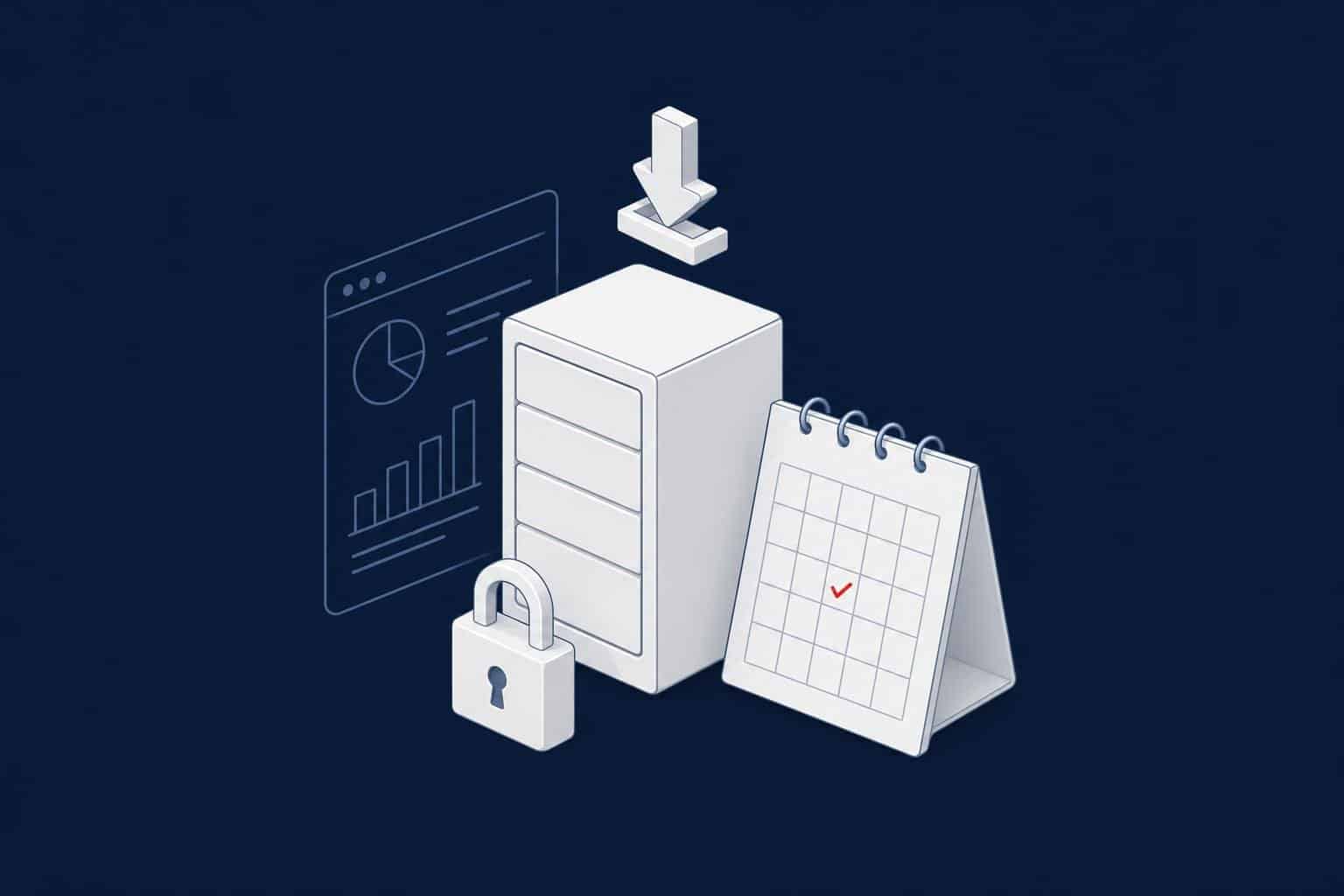 Server with a download arrow, a maintenance calendar and a padlock representing planned Windows updates